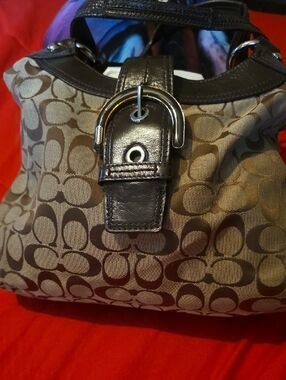 Coach Brown Signature Canvas Shoulder Bag with Dark Brown Leather